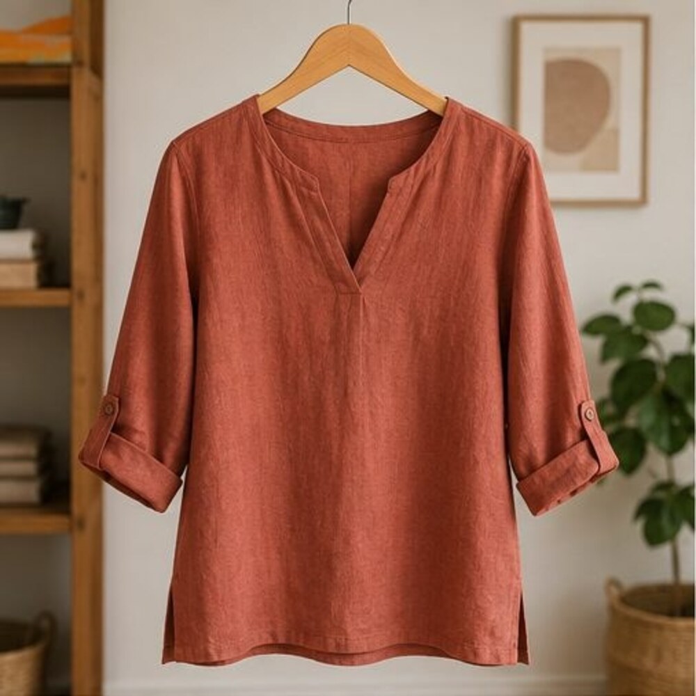Terracotta Linen Notch Neck Blouse